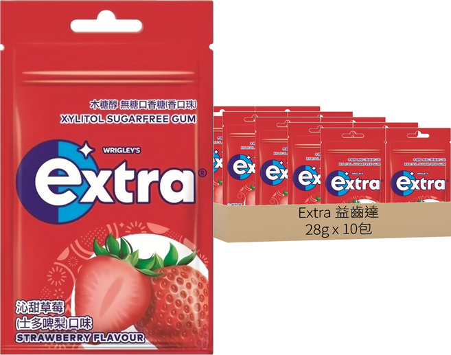 Extra 益齒達 無糖口香糖 沁甜草莓, 28g, 10包