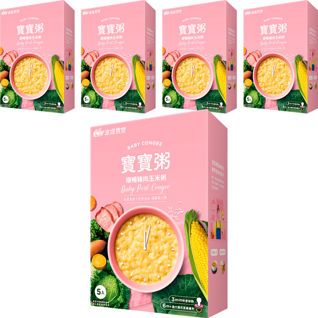 波堤寶寶 寶寶粥 順暢豬肉玉米粥 6個月~2.5歲 5包, 750g, 5盒