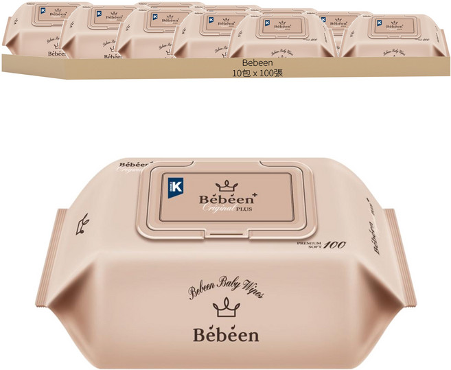 Bebeen Original Plus 濕紙巾 掀蓋式, 55gsm, 100張, 10包