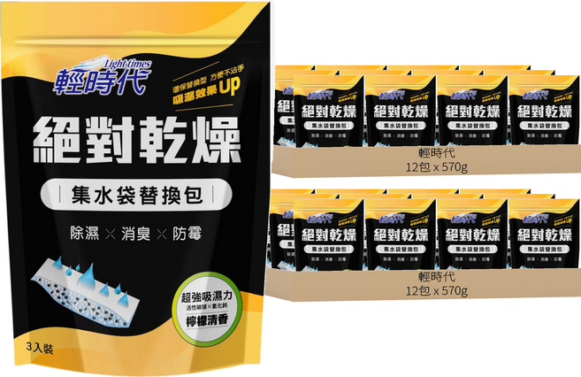 輕時代 絕對乾燥集水袋除濕盒補充包 除濕消臭防霉 檸檬清香 3入裝, 570g, 24包