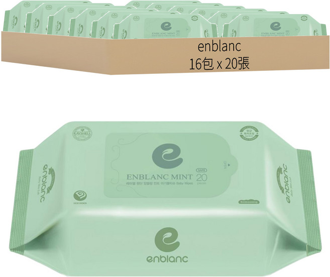 enblanc 輕柔薄荷 純水濕紙巾 補充包, 20張, 16包, 58gsm