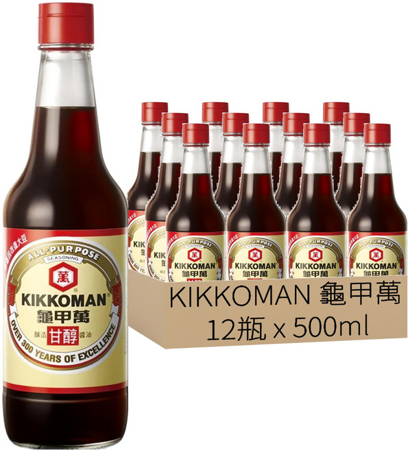 KIKKOMAN 龜甲萬 純釀造甘醇醬油, 500ml, 12瓶