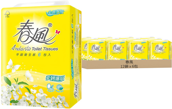 春風 柔韌細緻 平版衛生紙, 6包, 12袋