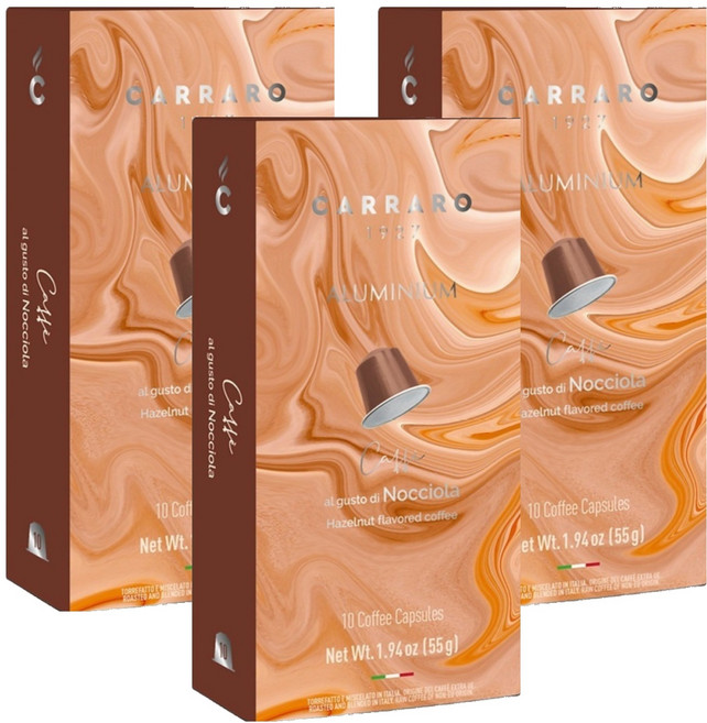 CARRARO 榛果風味 HAZELNUT FLAVORED COFFEE 咖啡膠囊 適用Nespresso Original 膠囊咖啡機, 5.5g, 10個, 3盒