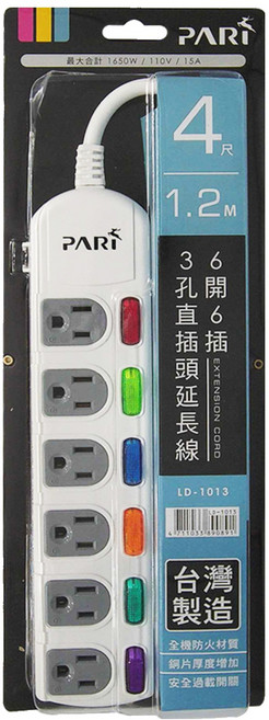 PARI 派睿 6開6插 直插頭延長線 3孔, 1.2m, 白色, 1條