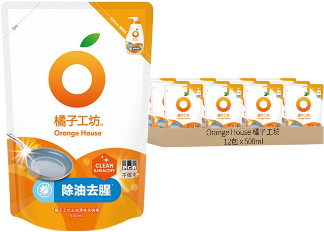 Orange House 橘子工坊 去油淨味碗盤洗滌液補充包, 500ml, 12包