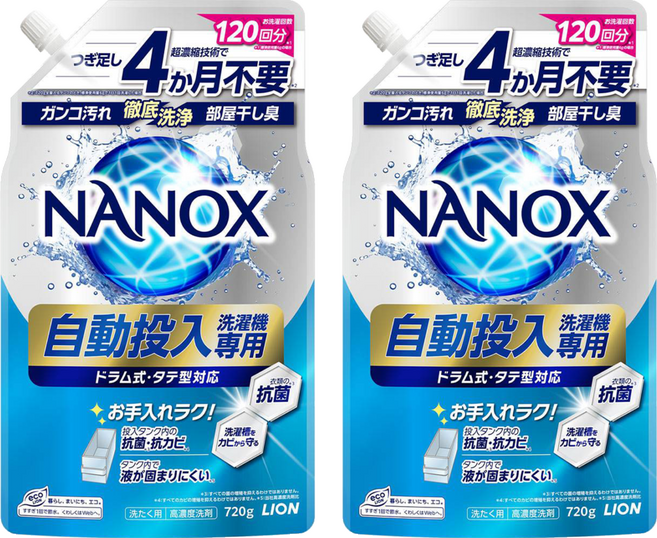 LION 獅王 NANOX one 奈米樂 超濃縮洗衣精 自動投入洗衣機專用, 2包, 720g