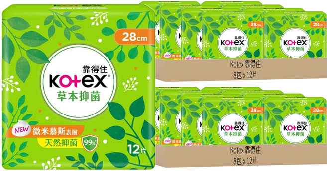 Kotex 靠得住 草本抑菌衛生棉, 28cm, 12片, 16包