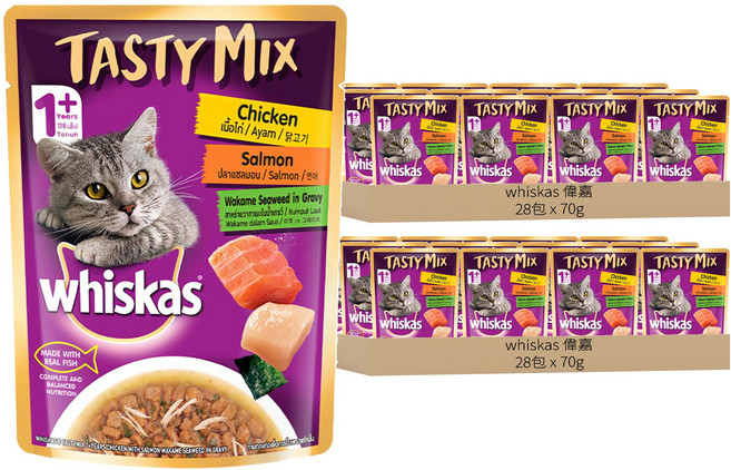 whiskas 偉嘉 什錦珍味妙鮮包 貓主食餐包, 雞肉 + 鮭魚 + 海藻湯汁, 70g, 56包