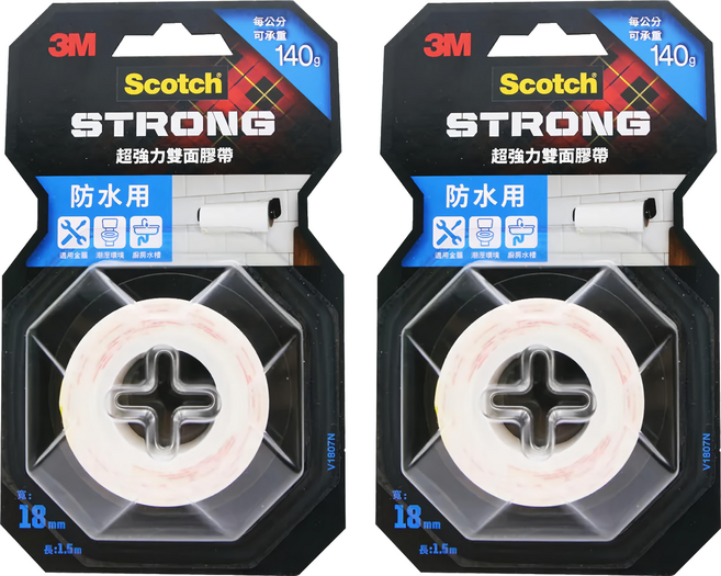 3M Scotch 超強力雙面膠帶 防水用 V1807N 18mm x 1.5m, 紅色, 2捲