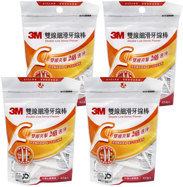 3M 雙線細滑牙線棒, 16mm, 45支, 4包