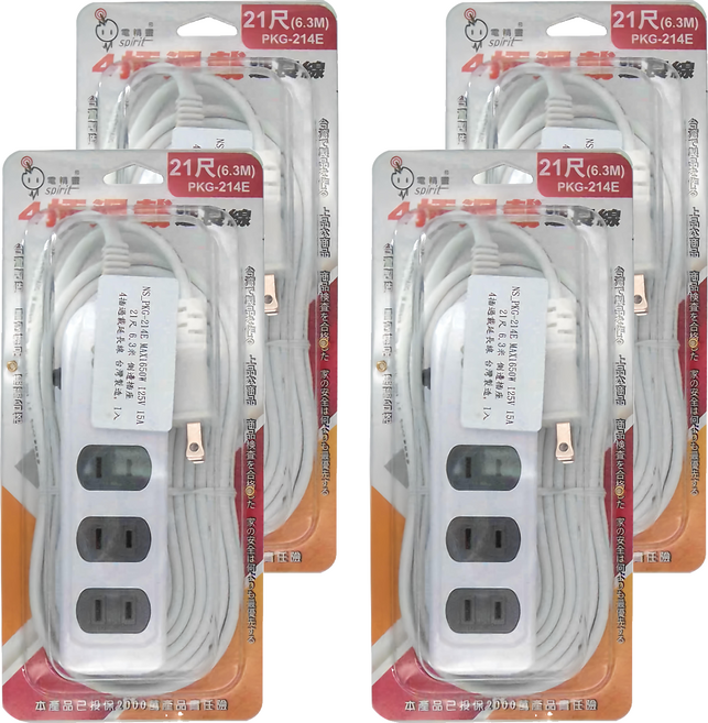 spirit 電精靈 MAX 1650W 125V 15A 側邊插座 過載延長線 4插座, 6.3m, 白色, 4條