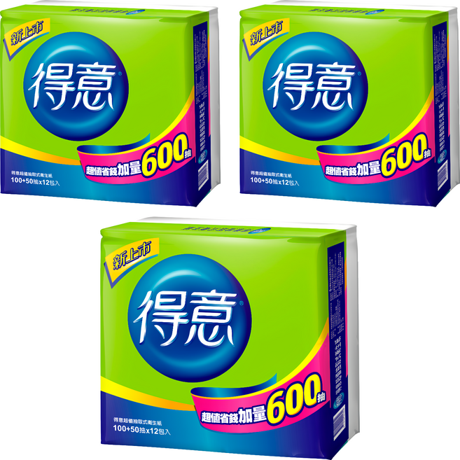 得意 抽取式衛生紙 150張, 12包, 3袋
