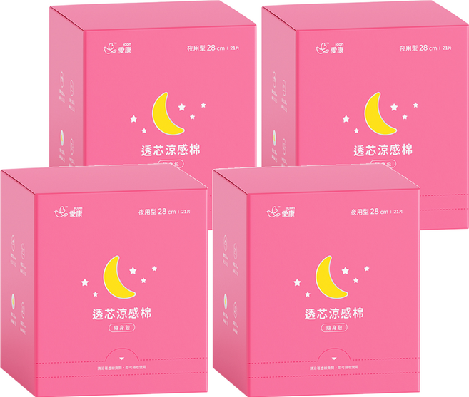 icon 愛康 透芯涼感衛生棉 護翼型, 夜用型 28cm, 21片, 4盒