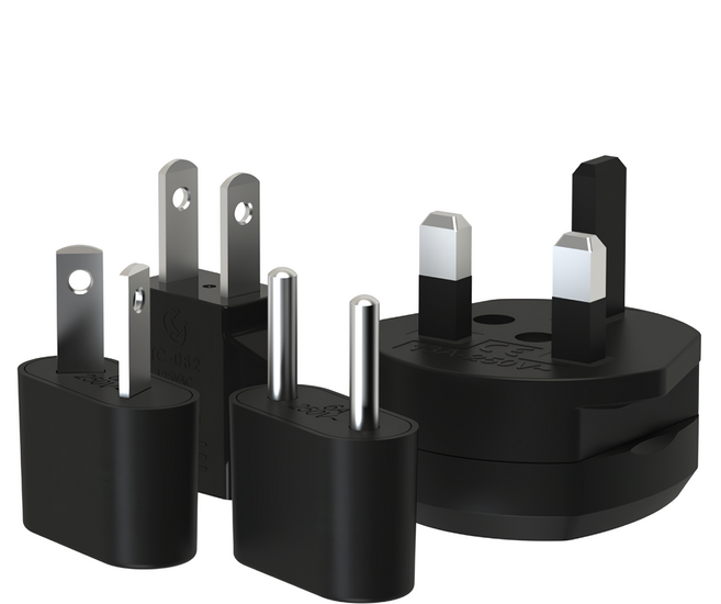 CENTENARY 成電牌 世界通 萬國轉換插頭 內含2極125V電源轉接器 (歐規4mmΦ轉美規), 黑色, 1組