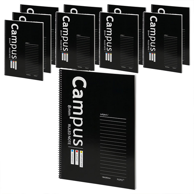 POPO FANCY Campus字樣橫線筆記本, 10本, 黑色