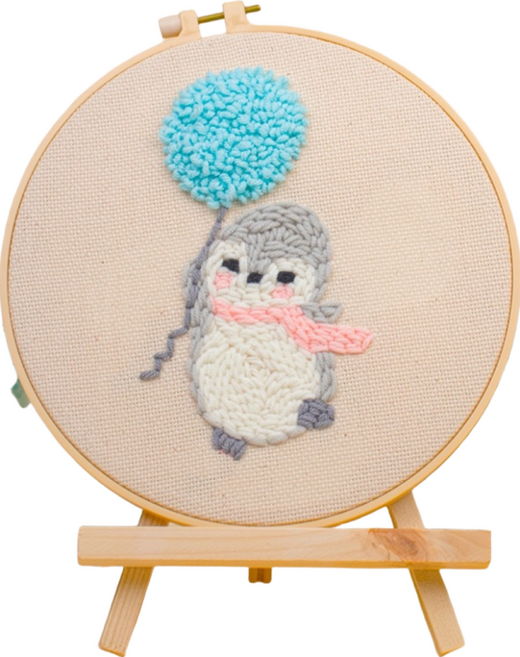 ARTJOY DIY打孔針刺繡套組 企鵝與氣球款 Set 含4段長度調節刺繡針+木頭繡架, 1組