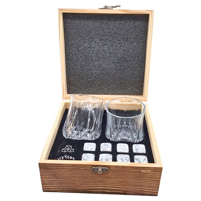 威士忌冰石玻璃杯禮盒 B款 鑽石杯 無鉛玻璃 花崗岩 木盒, 1組