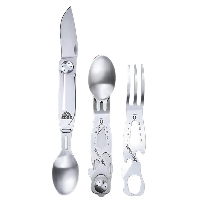 OUTDOOR EDGE Chowpal 420J2不鏽鋼多功能摺疊組合EDC餐具組 附收納袋, 銀色銀色, 1組