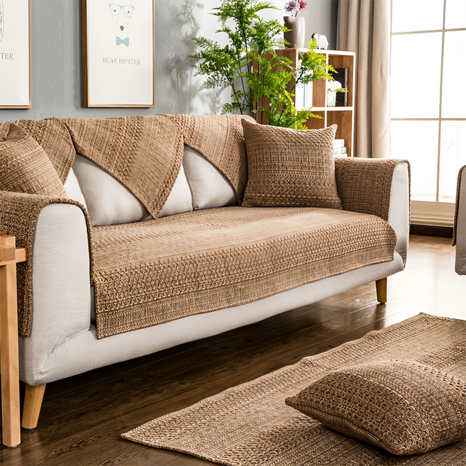 好物良品 日系簡約棉麻編織紋防滑沙發墊組合 三人座(140~180cm) 棕褐麻花