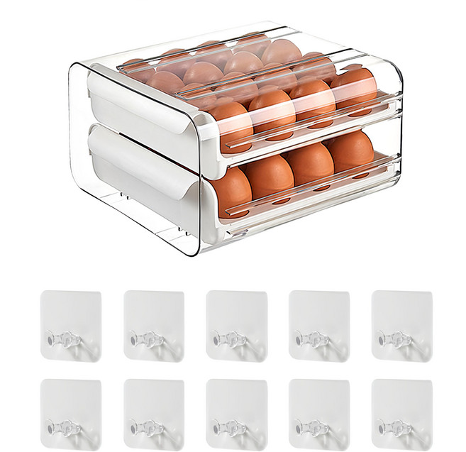Goodie Foodie 雙層抽屜式32格雞蛋收納盒 附贈插頭支架掛鉤10入 白色, 1組