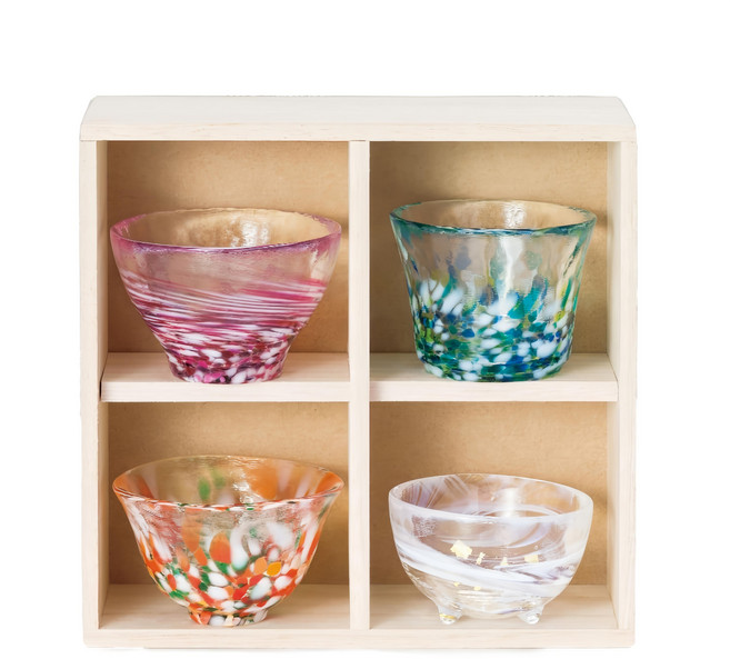 ADERIA RETRO 手作四季清酒杯木盒禮盒, 粉色 + 綠色 + 橘色 + 白色, 1盒