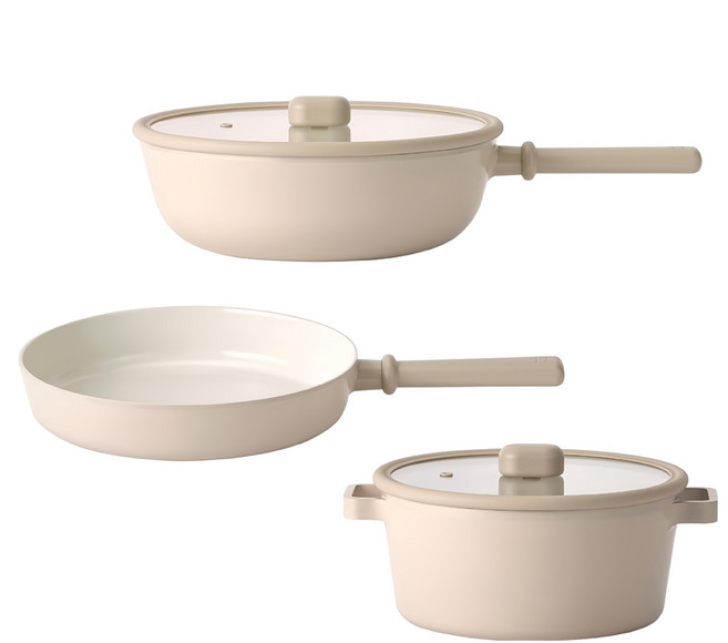 NEOFLAM 台灣公司貨 經典Chouchou系列 電磁爐適用陶瓷塗層鑄造鍋3件組, 奶茶色, 炒鍋 + 平底鍋 + 雙耳湯鍋, 1組