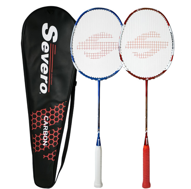Severo 全碳纖維 Ponte 80 Power 羽球拍 2支 + 黑色全拍套 藍色 + 紅色 1組, 藍紅