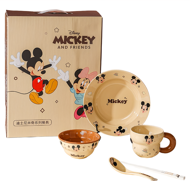 迪士尼 淘趣米奇一人食餐具組 可愛卡通陶瓷碗盤杯套裝, 1組
