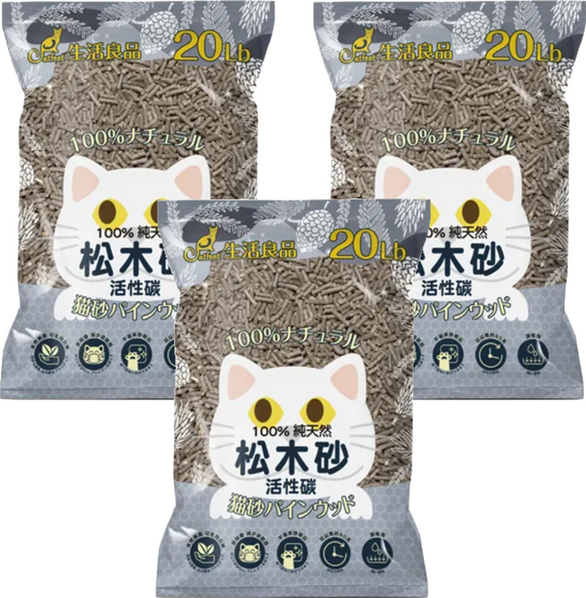 Catfeet 松木砂 除臭無異味 強力吸水 低過敏無塵 崩解型貓砂 20LB, 活性碳, 3袋