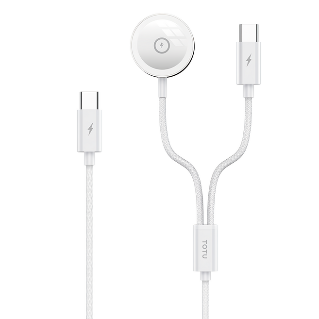 TOTU 拓途 鋅系列 一分二 Type-C-Apple Watch Lightning 磁吸充電器充電線, 1.6m, 白色, 1條