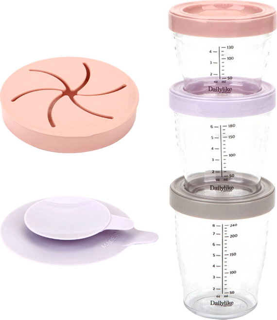 Dailylike 副食品容器組 + 吸盤 + 零食吸盤蓋, 130ml, 粉色 + 紫色 + 灰色, 1組