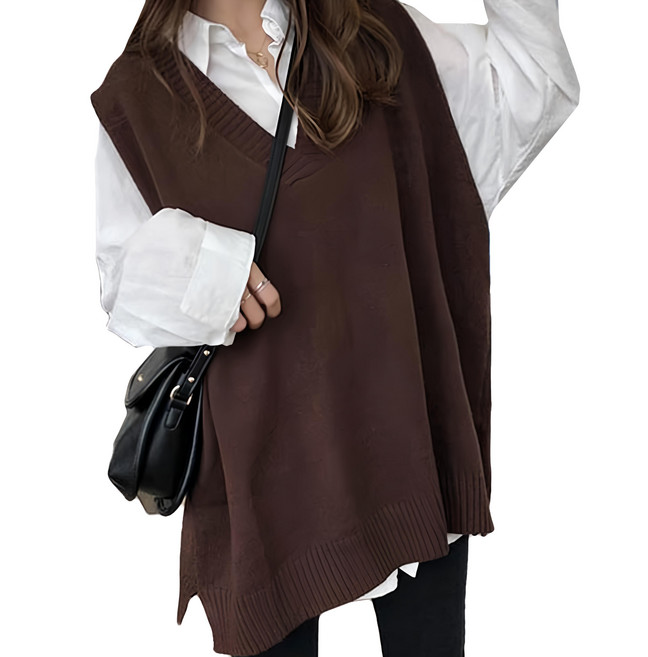 韓版落肩寬鬆長版大V領針織毛衣背心