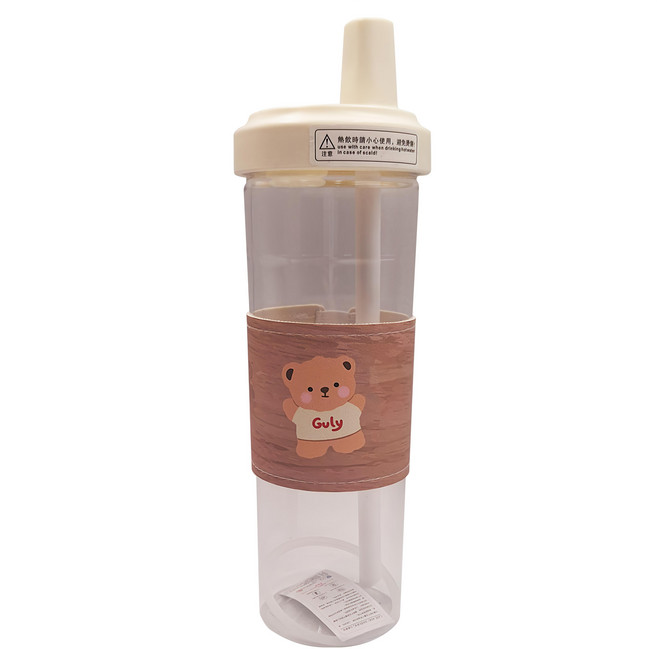 時尚珍珠奶茶吸管環保杯, 淺底熊 透明色 + 白色, 850ml, 1個