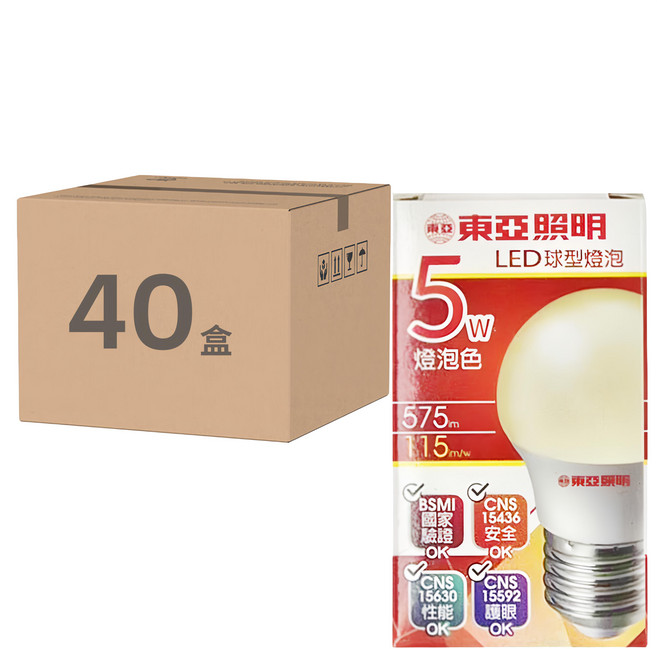 TOA 東亞照明 LED球型燈泡 5W 直徑45 x 80mm 60g, 燈泡色(3000K), 40個