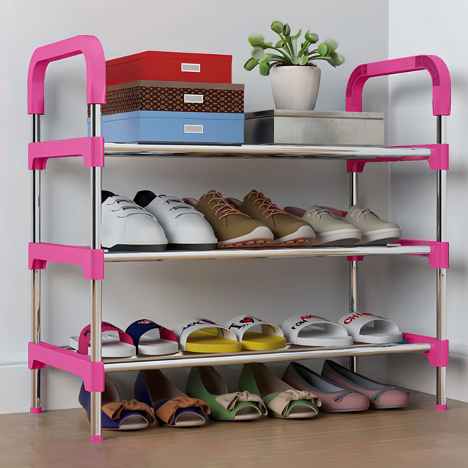 不鏽鋼鞋架 3層 80 x 60 x 30cm, 粉色, 1個