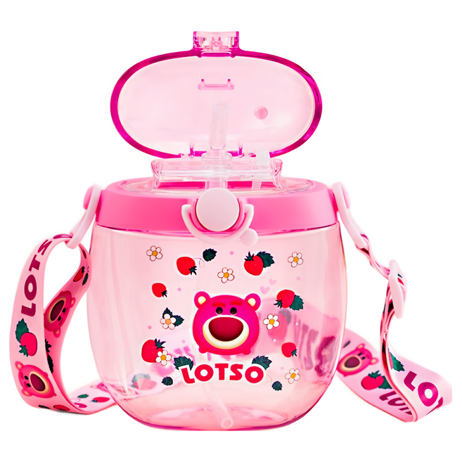 fisher-price 費雪 迪士尼 立體3D圖案矽膠包覆方形兒童用吸管水壺, 1個, 550ml, 粉色草莓熊