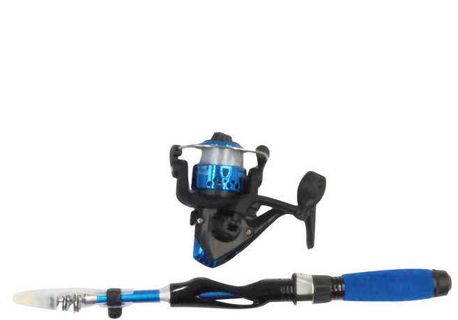 迷你路亞釣竿 直柄紡車輪 收納長度(31cm) + 釣竿長度(110cm), 藍色 + 黑色