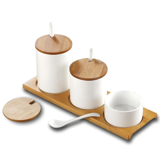Homely Zakka 階梯三尺寸款 美味食光淨白瓷竹蓋調味料三罐組, 1個大調味料罐 + 1個中調味料罐 + 1個小調味料罐 + 3個上蓋 + 3支湯匙 + 1個底座, 1組