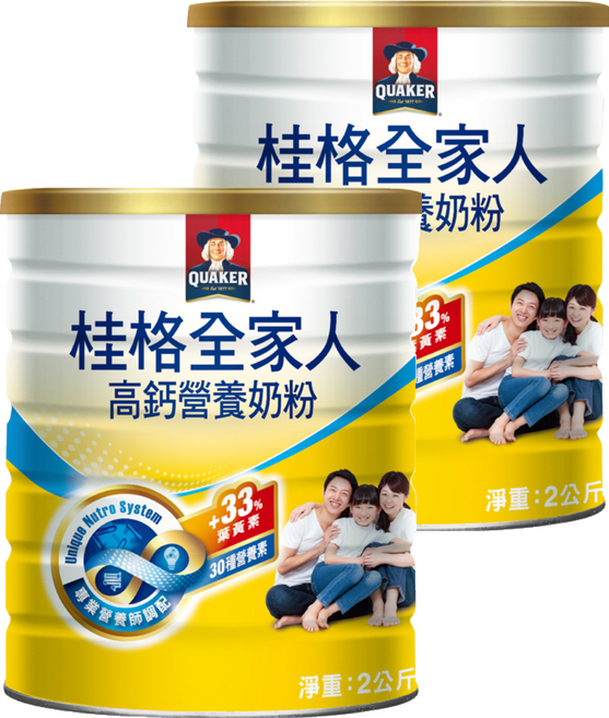 QUAKER 桂格 全家人高鈣奶粉, 2kg, 2罐