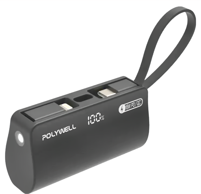 POLYWELL 寶利威爾 直插隨身行動電源 5000mAh 18W快充 Lightning USB-C自帶線, PW15-T16-A006, 黑色