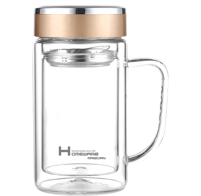 HOMEWARE MAGICIAN 家魔仕 雙層玻璃辦公杯 高硼矽耐熱玻璃 SUS304不鏽鋼濾網, 透明色 + 金色, 1個