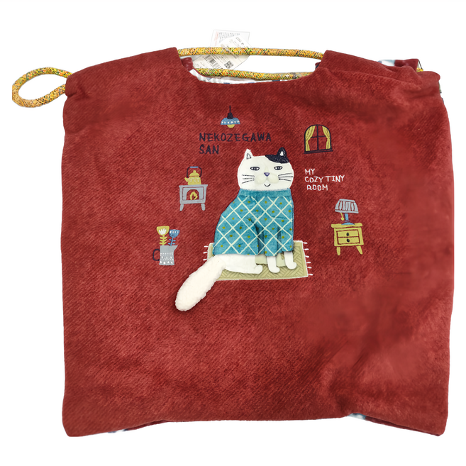 kUSUgURU JAPAN 日本眼鏡貓 緹花繩手柄刺繡羊毛感提包