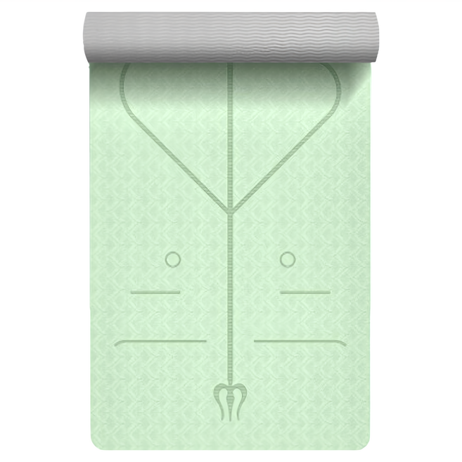 環保 TPE 正位體位線瑜珈止滑墊 瑜珈墊 皮拉提斯墊 附背帶 + 透氣網袋, 1組, 草綠色 + 灰色