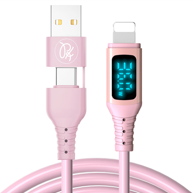 PICKOGEN 皮克全 36W 快充 二合一 Type-C USB-A TO Lightning PD 充電傳輸線 VAW 數顯 液態矽膠 1.8m 粉色, 1條