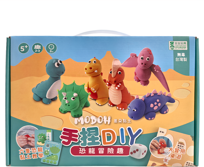 MODOH 墨朵黏土 手捏DIY恐龍冒險趣 桌遊 黏土組合包 (含14色單色包裝) 8張牌卡+A3桌遊主題板, 恐龍冒險趣, 270g, 1盒