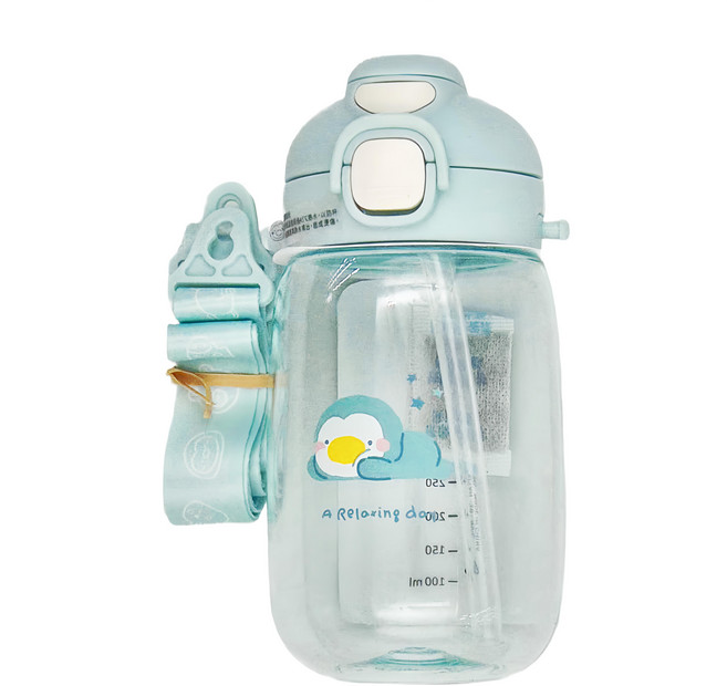 PUKU 藍色企鵝 圓圓直飲吸管揹帶兩用水壺 550ml Tritan材質, 藍色, 1個