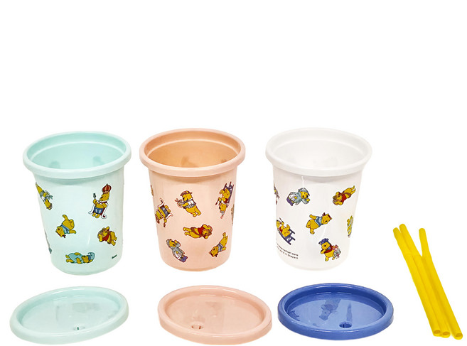 Skater 可疊放吸管杯組 杯子含蓋 3個 + 拋棄式吸管 3個, 晚安維尼 青色 + 橘色 + 白色, 1組