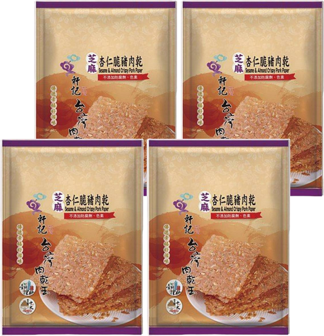 Taiwan dried meat king 軒記 台灣肉乾王 芝麻杏仁脆豬肉乾, 100g, 4包