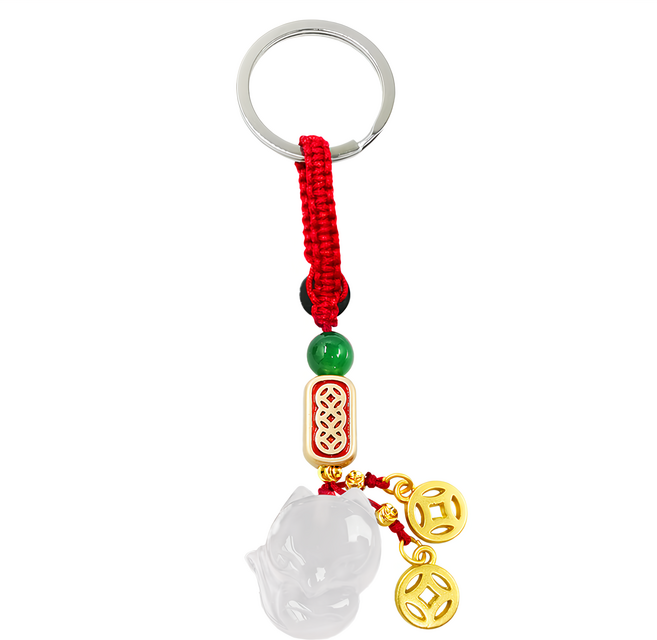 富貴狐仙 白玉髓鑰匙圈 狐仙(2.2cm*2cm) 總長度10.5cm, 有錢, 1個